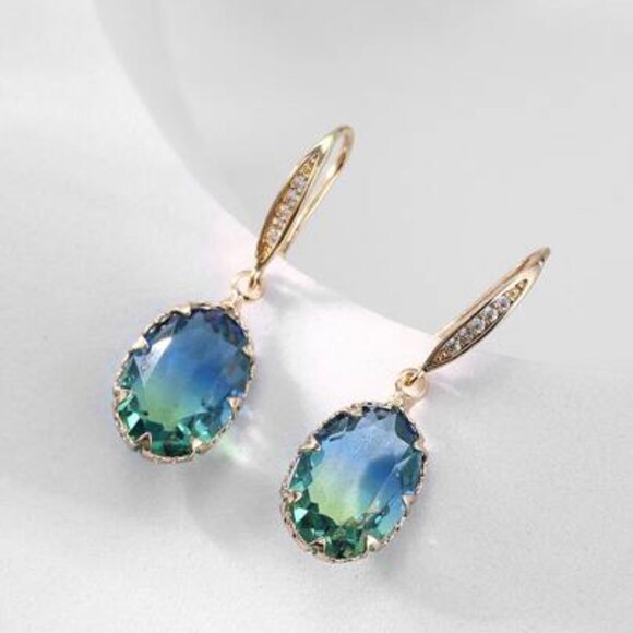 Blue-Green Gradient Crystal in Gold Drop Earrings - Picture 2 of 4